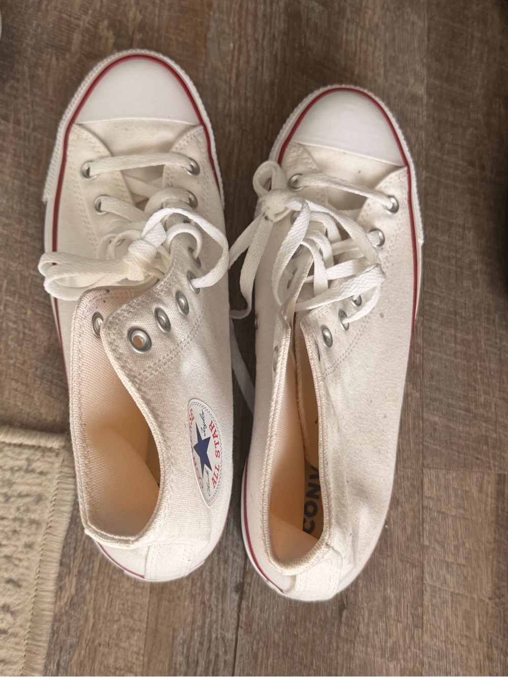 Converse Low Top Sneakers in White with Red Trim Off White